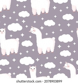 Seamless pattern with funny llama, clouds and stars on a purple background. Vector illustration suitable for baby texture, textile, fabric, poster, greeting card, decor. Cute alpaca from Peru