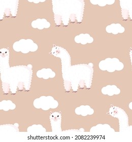 Seamless pattern with funny llama and clouds on pastel brown background. Vector illustration suitable for baby texture, textile, fabric, poster, greeting card, decor. Cute alpaca from Peru.