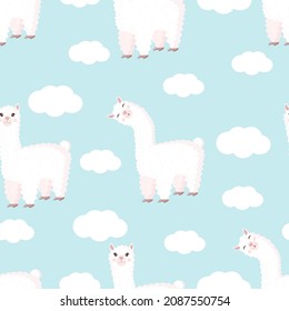 Seamless pattern with funny llama and clouds on a blue background. Vector illustration suitable for baby texture, textile, fabric, poster, greeting card, decor. Cute alpaca from Peru