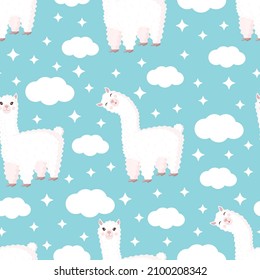 Seamless pattern with funny llama, clouds and stars on a blue background. Vector illustration suitable for baby texture, textile, fabric, poster, greeting card, decor. Cute alpaca from Peru