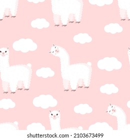 Seamless pattern with funny llama and clouds on a pink background. Vector illustration suitable for baby texture, textile, fabric, poster, greeting card, decor. Cute alpaca from Peru