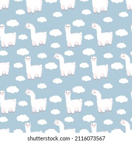 Seamless pattern with funny llama and clouds on a blue background. Vector illustration suitable for baby texture, textile, fabric, poster, greeting card, decor. Cute alpaca from Peru.