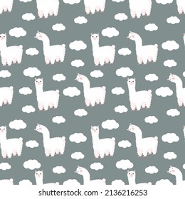 Seamless pattern with funny llama and clouds on a gray background. Vector illustration suitable for baby texture, textile, fabric, poster, greeting card, decor. Cute alpaca from Peru.