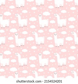 Seamless pattern with funny llama, clouds and stars on a pink background. Vector illustration suitable for baby texture, textile, fabric, poster, greeting card, decor. Cute alpaca from Peru.