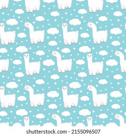 Seamless pattern with funny llama, clouds and stars on a blue background. Vector illustration suitable for baby texture, textile, fabric, poster, greeting card, decor. Cute alpaca from Peru.