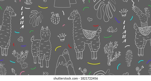seamless pattern with funny llama, mountain and cacti in sketch style - vector illustration, eps