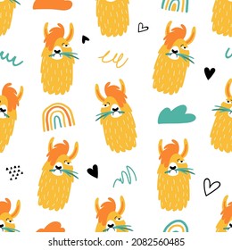 Seamless pattern with funny llamas or alpacas in hand drawn style. Great for textiles, stickers, cards, poster, wallpaper, wrapping paper. Isolated on white background