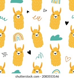 Seamless pattern with funny llamas or alpacas in hand drawn style. Great for textiles, stickers, cards, poster, wallpaper, wrapping paper. Isolated on white background