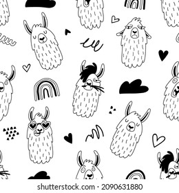 Seamless pattern with funny llamas or alpacas in hand drawn style. Outline hand drawing. Creative childish texture. Great for fabric, textile. Isolated on white background vector illustration