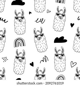 Seamless pattern with funny llamas or alpacas in hand drawn style. Outline hand drawing. Creative childish texture. Great for fabric, textile. Isolated on white background vector illustration