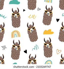 Seamless pattern with funny llamas or alpacas in hand drawn style. Great for textiles, stickers, cards, poster, wallpaper, wrapping paper. Isolated on white background