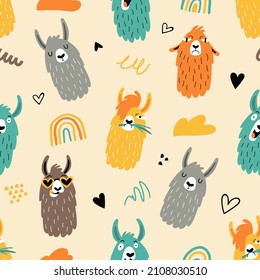 Seamless pattern with funny llamas or alpacas in hand drawn style. Great for textiles, stickers, cards, poster, wallpaper, wrapping paper. Isolated on beige background