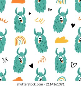 Seamless pattern with funny llamas or alpacas in hand drawn style. Great for textiles, cards, poster, wallpaper, wrapping paper. Isolated on white background vector
