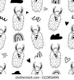 Seamless pattern with funny llamas or alpacas in hand drawn style. Outline hand drawing. Creative childish texture. Great for fabric, textile. Vector illustration isolated on white background 
