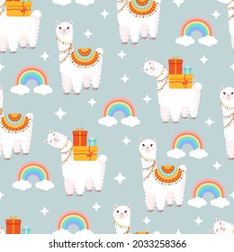 Seamless pattern with funny llamas with gifts, rainbows, clouds and stars on a gray background. Vector illustration for baby texture, fabric, poster, greeting card, decor. Cute alpaca from Peru.