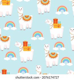 Seamless pattern with funny llamas with gifts, rainbow and clouds on a blue background. Vector illustration for baby texture, textile, fabric, poster, greeting card, decor. Cute alpaca from Peru
