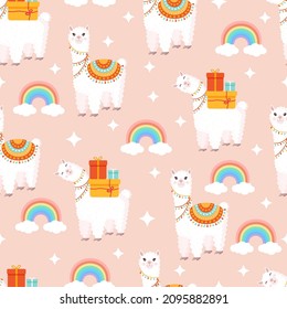 Seamless pattern with funny llamas with gifts, rainbow, clouds and stars on a pink background. Vector illustration for baby texture, fabric, poster, greeting card, decor. Cute alpaca from Peru.