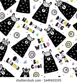Seamless pattern with funny llamas and hand drawn text. Scandinavian style background with lama faces. Creative vector illustration