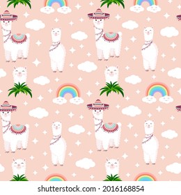 Seamless pattern with funny llamas in sombrero, clouds, stars and rainbows on a pink background. Vector illustration for baby texture, textile, fabric, poster, postcard, decor. Alpaca from Peru.