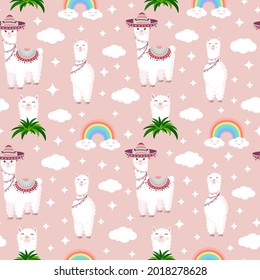 Seamless pattern with funny llamas in sombrero, clouds, stars and rainbows on a pink background. Vector illustration for baby texture, textile, fabric, poster, postcard, decor. Alpaca from Peru.