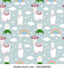 Seamless pattern with funny llamas in sombrero, clouds, stars and rainbows on a gray background. Vector illustration for baby texture, textile, fabric, poster, postcard, decor. Alpaca from Peru