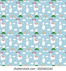 Seamless pattern with funny llamas in sombrero, clouds, stars and rainbows on a blue background. Vector illustration for baby texture, textile, fabric, poster, postcard, decor. Alpaca from Peru.