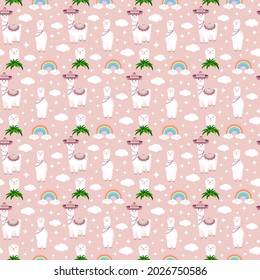 Seamless pattern with funny llamas in sombrero, clouds, stars and rainbows on a pink background. Vector illustration for baby texture, textile, fabric, poster, postcard, decor. Alpaca from Peru.