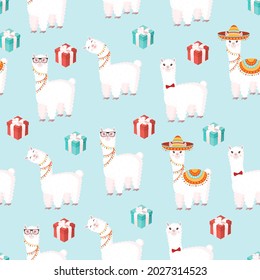 Seamless pattern with funny llamas in a sombrero with gifts on a blue background. Vector illustration suitable for baby texture, textile, fabric, poster, greeting card, decor. Cute alpaca from Peru.