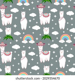 Seamless pattern with funny llamas in sombrero, clouds, stars and rainbows on a gray background. Vector illustration for baby texture, textile, fabric, poster, postcard, decor. Alpaca from Peru.