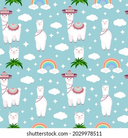 Seamless pattern with funny llamas in sombrero, clouds, stars and rainbows on a blue background. Vector illustration for baby texture, textile, fabric, poster, postcard, decor. Alpaca from Peru.