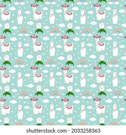 Seamless pattern with funny llamas in sombrero, clouds, stars and rainbows on a blue background. Vector illustration for baby texture, textile, fabric, poster, postcard, decor. Alpaca from Peru.
