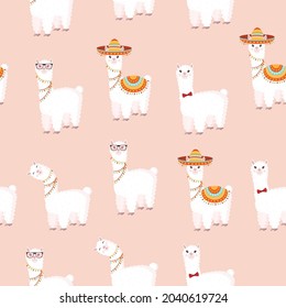 Seamless pattern with funny llamas in sombrero and glasses on a pink background. Vector illustration suitable for baby texture, textile, fabric, poster, greeting card, decor. Cute alpaca from Peru.