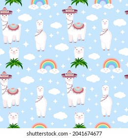 Seamless pattern with funny llamas in sombrero, clouds, stars and rainbows on a blue background. Vector illustration for baby texture, textile, fabric, poster, postcard, decor. Alpaca from Peru.