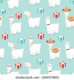 Seamless pattern with funny llamas in a sombrero with gifts on a blue background. Vector illustration suitable for baby texture, textile, fabric, poster, greeting card, decor. Cute alpaca from Peru.