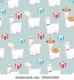 Seamless pattern with funny llamas in a sombrero with gifts on a gray background. Vector illustration suitable for baby texture, textile, fabric, poster, greeting card, decor. Cute alpaca from Peru