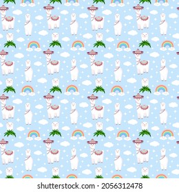 Seamless pattern with funny llamas in sombrero, clouds, stars and rainbows on a blue background. Vector illustration for baby texture, textile, fabric, poster, postcard, decor. Alpaca from Peru