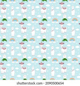 Seamless pattern with funny llamas in sombrero, clouds, stars and rainbows on a blue background. Vector illustration for baby texture, textile, fabric, poster, postcard, decor. Alpaca from Peru.