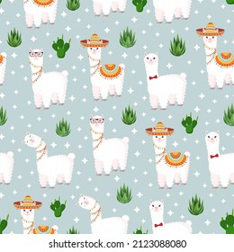 Seamless pattern with funny llamas in sombrero and glasses, with stars, scarlet with cacti on a gray background. Vector illustration for baby texture, fabric, poster, postcard. Alpaca from Peru.