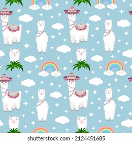 Seamless pattern with funny llamas in sombrero, clouds, stars and rainbows on a blue background. Vector illustration for baby texture, textile, fabric, poster, postcard, decor. Alpaca from Peru.