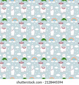 Seamless pattern with funny llamas in sombrero, clouds, stars and rainbows on a gray background. Vector illustration for baby texture, textile, fabric, poster, postcard, decor. Alpaca from Peru.