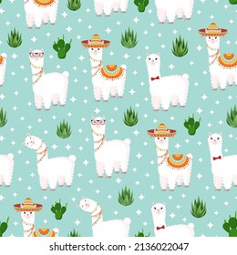 Seamless pattern with funny llamas in sombrero and glasses, with stars, scarlet with cacti on a blue background. Vector illustration for baby texture, fabric, poster, postcard. Alpaca from Peru.