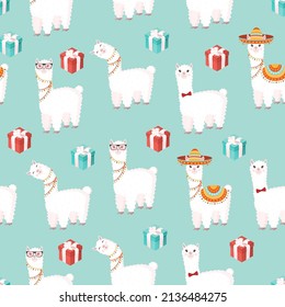 Seamless pattern with funny llamas in a sombrero with gifts on a blue background. Vector illustration suitable for baby texture, textile, fabric, poster, greeting card, decor. Cute alpaca from Peru.