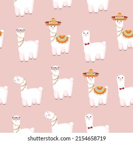 Seamless pattern with funny llamas in sombrero and glasses on a pink background. Vector illustration suitable for baby texture, textile, fabric, poster, greeting card, decor. Cute alpaca from Peru.