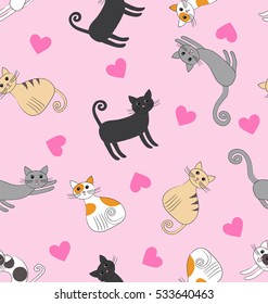Seamless pattern with funny love cats and hearts on the pink background