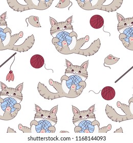 Seamless pattern with funny Maine Coon cats. Kitten playing with toys. Hand drawn vector illustration.