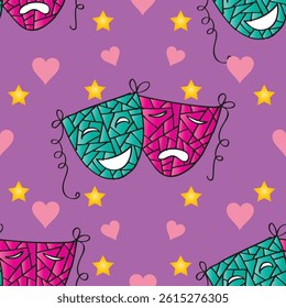 Seamless pattern with funny masks and hearts on a purple background.
