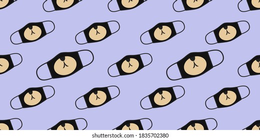Nahtlose Muster lustiger Masken im Maskendesign. Gesichtsmasken-Design-Vorlage, Staubschutz & Atemschutz. Anzüge für Dekorationspapier, Verpackungen, Decken, Geschenkartikel etc. 