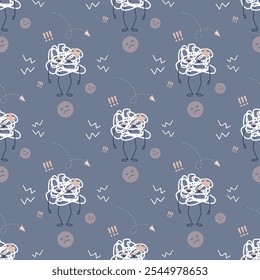 Padrão perfeito com mascotes de caos engraçados e bagunçados. Linhas giradas com emoções. Rostos com mau humor e emoções negativas. Fundo abstrato, textura, modelo de papel de parede. Caos doodles. vetor plano