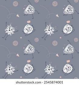 Seamless pattern with funny messy chaos mascots. Swirled lines with emotions. Faces with bad mood and negative emotions. Abstract background, texture, wallpaper template. Chaos doodles. flat vector