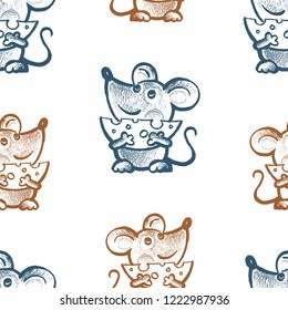 Seamless pattern of funny mice with cheese